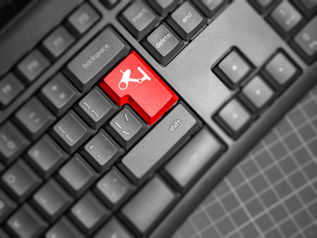 Keyboard with a drawn surveillance camera. Surveillance camera as a symbol of security. Concept -...