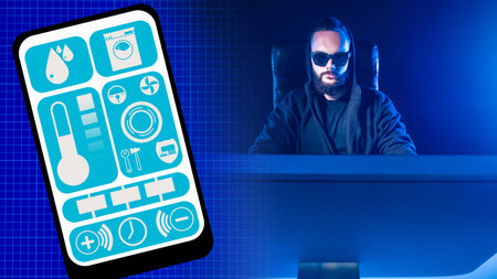 Programmer is developing iot application. He sits in dark with a computer. Male smartphone...