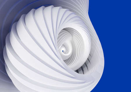 An abstraction with swirling white stripes. The white image resembles a shell. Abstract geometry. Movement, infinity, transitions. Texture of twisted white stripes on a blue background. 3D imageの写真素材