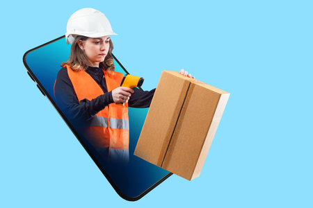 Warehouse accounting. Goods accounting. A storekeeper girl with a barcode reader. A woman with a...