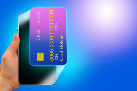 Touch screen smartphone with credit card. Payment for purchases using a mobile application. Purchases on credit. Credit card above the smartphone screen as symbol of lending. Place for text. 3d imageの写真素材