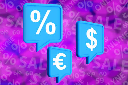 Trade, shopping, business, discounts, sales. Labels with dollar, euro, and percent symbols on a lilac background. Sale of goods with discounts. Ordering goods abroad. Bright background. 3d renderingの写真素材