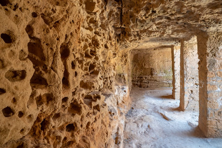 Archaeological site in Cyprus. Archaeological Park in Paphos. Archaeological Museum on island of Cyprus. Excursions to ancient Cyprus Museum. Ancient building with columns. Paphos city tourのeditorial素材