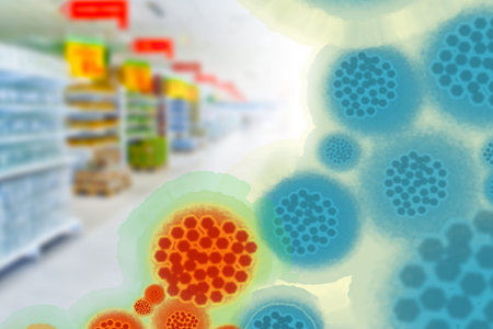 Virus molecules on the background of the supermarket. Concept - the consequences of the epidemic on...