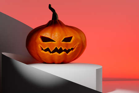 A pumpkin on a pedestal. Halloween decoration. Jack lantern. A pumpkin with a face. Celebrating Halloween. All Saints Eve. Autumn holidays. 3d rendering.の写真素材
