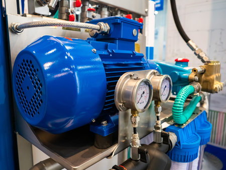 Industrial equipment. Food production equipment concept. Blue compressor with multiple pressure...