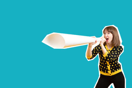 Woman screams loudly. Girl with the paper loudspeaker. Advertising, sales, important ads. Information about discounts and sales with space for text. Magazine-style collage with an emotional promoter.の写真素材