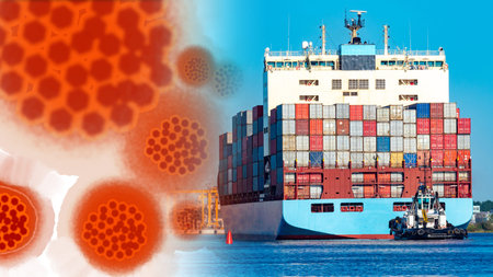 Cargo liner next to the image of viruses. Concept - sanitary control stopped a cargo ship. The liner...