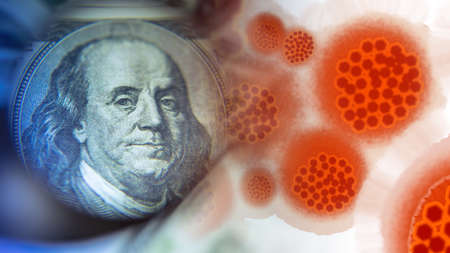 Virus molecules on the background of the dollar. Concept - impact of the epidemic on the stock market. Fever has had an impact on the economy. Concept - a disease of the financial system.の写真素材
