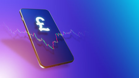Online trading. Currency trading. Currency quotes. Pound sterling symbol and the graph on the smartphone screen. Currency Investments. Exchange trading mobile app. 3d renderingの写真素材