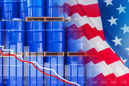 Price chart on oil. Blue barrels next to USA flag. They symbolize US petrol production. Concept to reduce US oil revenues. Falling oil revenues of USA companies. Graph of fall in income from petrol.の写真素材