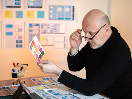 Application interface designer. UX designer at work. Man designer chooses color for app. Concept - creation of custom-made mobile applications. UX of an application developer. UX studio employeeの写真素材