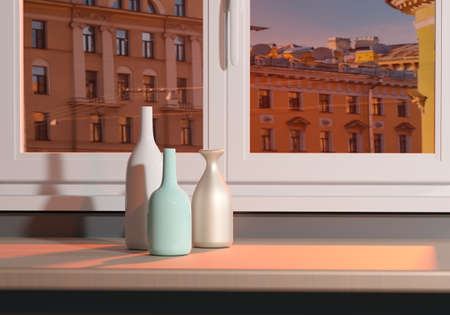 Still life on the city background. Three vases on windowsill. View of the city from apartment window. Interior design. Home comfort. Dwelling concept. Vases on the background of buildings. 3d imageの写真素材