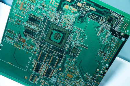 Circuits Electronic on Mainboard. Green electronic background. Technology computer background (logic...