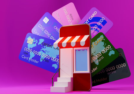 Online shop and credit card. Global shopping concept. Shop in phone. Open sign on store. Shopping on...