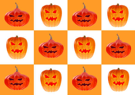 Halloween background. Poster with Halloween pumpkins. Geometric background with pumpkins. Jack lantern. Postcard on the eve of All Saints Day. Pumpkins with faces in orange and white squares. 3d imageの写真素材