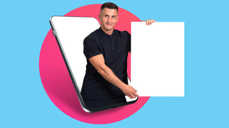 Advertising in social networks. A happy man with a poster. A person on the smartphone screen. The...