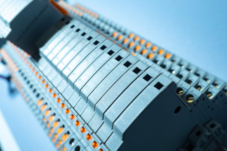 Electrical equipment close up. Concept - spare parts for electrification. Switches with light...