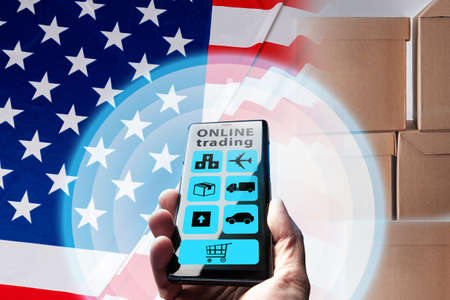 Application interface for online trading. Concept - online trading in USA. Online sale of goods in USA. Mobile app retailer of connections of states of America. Retail business internet in US.の写真素材