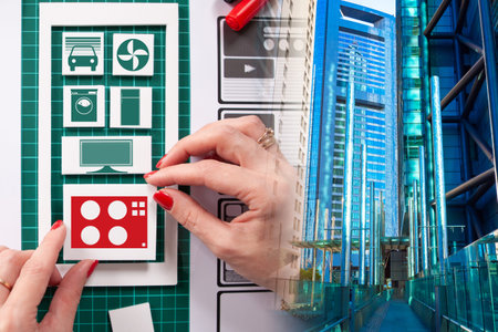 Designer makes an app for a smart home. Process of creating software for a smart home. Web designer...