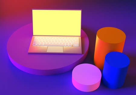 Laptop and geometric shapes. A laptop with space for text on the screen. A laptop and colorful cylinders. Work on a mobile PC. Electronic gadgets. Bright background with a computer device. 3d imagesの写真素材