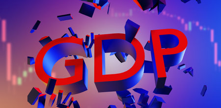 Falling GDP. GDP logo and falling fragments. Economic crisis. Logo of the gross domestic product. Metaphor is a problem in economics. The destruction of the economy. The destruction of GDP.の写真素材
