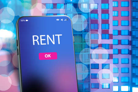 Rent an apartment. Rental housing. Choice of housing in the mobile app. Program for the selection of real estate. Blue collage of a multi-storey house and smartphone mockup. 3d renderingの写真素材