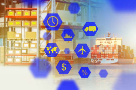 Logistics services. Shipment concept. Warehouse and seaport. Cargo transportation. Symbols of logistics. Courier delivery of goods. A logistics company. The choice of a courier service.の写真素材