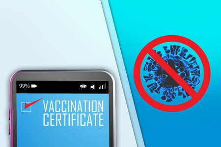 Coronavirus fight. Vaccination certificate on the smartphone screen. A crossed-out coronavirus molecule. Coronavirus treatment, injections. Vaccination in pandemic period. Anti-covid injections.の写真素材