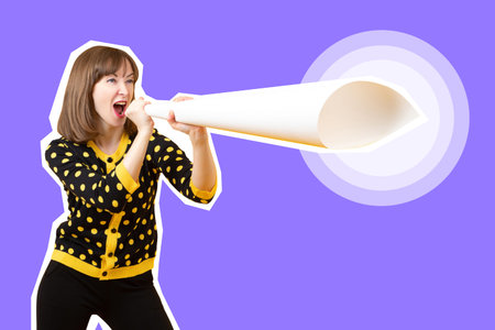Woman shouts into a paper loudspeaker. Girl with paper megafon. Advertising and sales. Collage in...