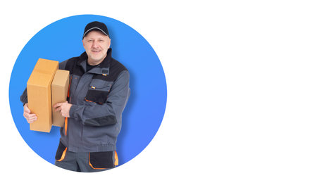 Collage of parcel delivery. A smiling Delivery man looks at the camera. A courier with cardboard...