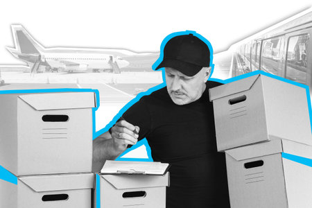 A man with parcels and documents. Logistics, delivery of goods, cargo transportation. A collage in...