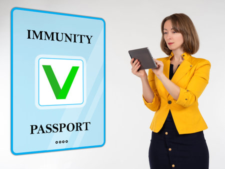 Immunity passport lettering next to woman. It symbolizes vaccination certificate. Immunity passport...