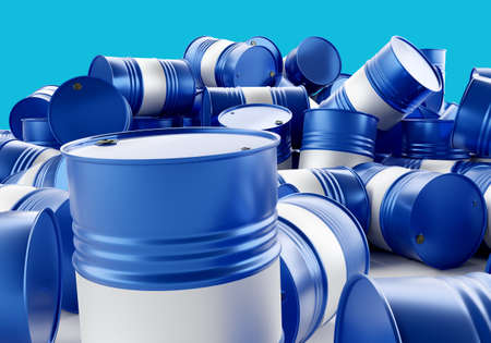 Metal barrels. Rules for the storage of chemicals. Danger when storing chemicals. The threat to the environment. Barrels for chemistry. Chemical Industry. Chemical storage warehouse. 3d imageの写真素材