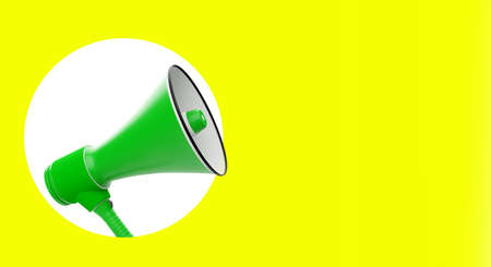 Megaphone on bright background. Collage in magazine style with loudspeaker. Place for text next to bullhorn. Bright picture that draws attention to information. Advertising, promotion, ads. 3d renderの写真素材