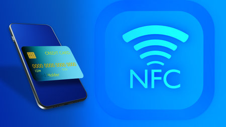 NFC icon. Near field communication sign. NFC letter logo. Contactless payment logo. NFC payments icon for apps. 3d Icon on blue. Smartphone for contactless payment. Mobile phone and credit card.の写真素材