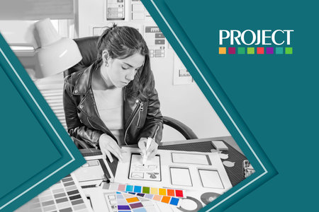 Project logo. Project banner. Design project. Designer girl with the project logo. A magazine-style...