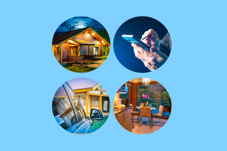 Smart home technology concept. House and car next to a smartphone. Person uses application for canrolling at home and car. Smart home technology management app. Controlling car electronics via phoneの写真素材