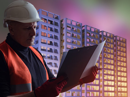 Architect in uniform of a builder. Architect in orange vest and a construction helmet. Portrait of...