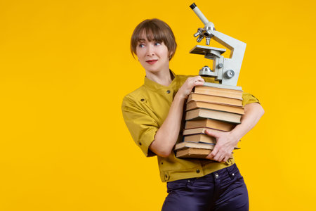 Woman with a book and a microscope in her hands. Microscope as a symbol of research. Portrait of a female explorer on a yellow background. Student wants to do research. She prepares for lab workの写真素材