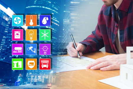 Implementation of smart home automation. Smart home automation icons next to the architect....