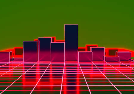 Virtual city concept. Illustration with architecture. Skyscrapers digital megapolis. Buildings virtual downtown. Three-dimensional skyscrapers on a green background. Digital 3D model of downtown.の写真素材