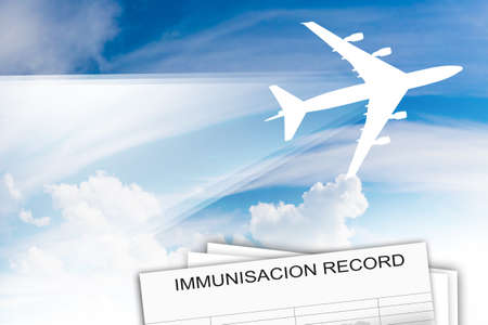 Immunisacion Record. Concept of vaccination and disease prevention.Certificate of immunization and aircraft silhouette. Vaccinations are needed to fly anywhere. Prevention of disease and infectionsの写真素材
