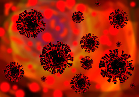 Virus background. Coronavirus microscopic view. Virus cells on red. Coronavirus 2019-nCoV. Virus background with disease cells. COVID-19 outbreak. Coronaviruses influenza. Medicine, risk, health. 3dの写真素材