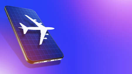 Air tickets online. Purchase plane tickets in mobile app. Plane on the smartphone screen. Collage in magazine style with blank place. Booking tours in app. Online application for travelers. 3d imageの写真素材