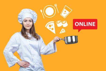 Order food online. Food from cafes and restaurants with delivery. Home delivery of meal. The chef girl smiles and looks at the camera. Collage about public catering. Chef online on orange background.の写真素材
