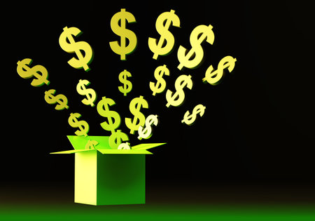 Receiving money. US dollars flew out of the box. Dollar symbols fly out of a cardboard box. Profit,...