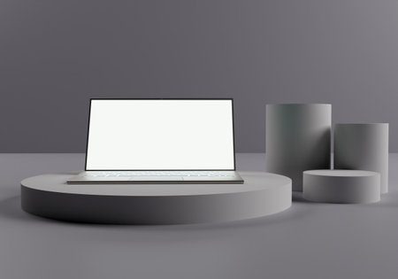 3d rendering of a laptop illustration on an abstract geometric background. Modern fashion design....