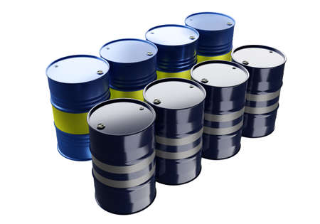 Oil barrels isolated on white background. Barrels for chemistry. Metal barrels with different colors. Containers for chemical liquids. Warehouse system. Storage and transportation of chemicals. 3dの写真素材