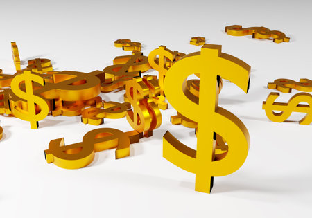 Gold logos of the US dollar. The dollar symbols are lying on a white table. American currency. USD...